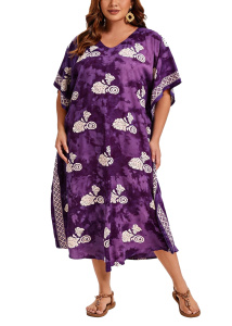 Purple Hand Blocked Batik Rayon Caftan Kaftan Loungewear Maxi Plus Size Long Dress 3X 4XS10014423_0_image_IJUST_WORKING