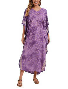 Purple Hand Blocked Batik Rayon Caftan Kaftan Loungewear Maxi Plus Size Long Dress 3X 4XS10014432_0_image_IJUST_WORKING