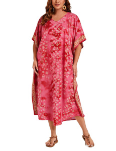 Fuchsia Hand Blocked Batik Rayon Caftan Kaftan Loungewear Maxi Plus Size Long Dress 3X 4XS10014438_0_image_IJUST_WORKING