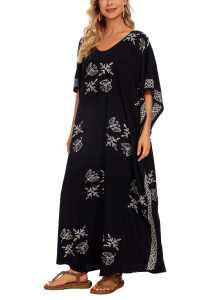 Black Hand Blocked Batik Rayon Caftan Kaftan Loungewear Maxi Plus Size Long Dress XL 1X 2XS10014443_0_image_IJUST_WORKING
