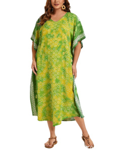 Green Hand Blocked Batik Rayon Caftan Kaftan Loungewear Maxi Plus Size Long Dress XL 1X 2XS10014448_0_image_IJUST_WORKING