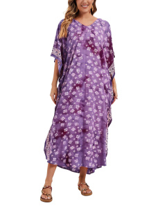 Mauve Hand Blocked Batik Rayon Caftan Kaftan Loungewear Maxi Plus Size Long Dress XL 1X 2XS10014457_0_image_IJUST_WORKING