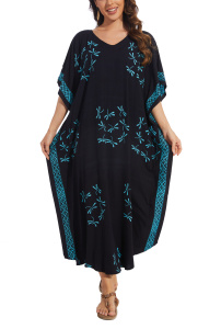 Black Hand Blocked Batik Rayon Caftan Kaftan Loungewear Maxi Plus Size Long Dress 3X 4XS10014483_0_image_IJUST_WORKING