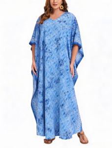 Blue Hand Blocked Batik Rayon Caftan Kaftan Loungewear Maxi Plus Size Long Dress 3X 4XS10014484_0_image_IJUST_WORKING
