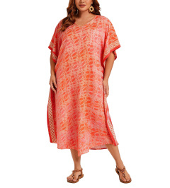 Coral Hand Blocked Batik Rayon Caftan Kaftan Loungewear Maxi Plus Size Long Dress 3X 4XS10014486_0_image_IJUST_WORKING