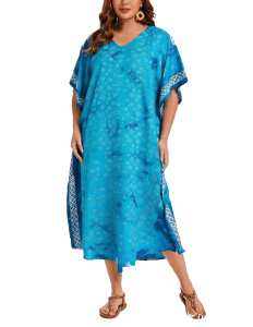 Blue Hand Blocked Batik Rayon Caftan Kaftan Loungewear Maxi Plus Size Long Dress XL 1X 2XS10014503_0_image_IJUST_WORKING