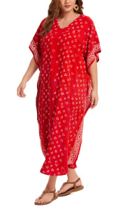 Red Hand Blocked Batik Rayon Caftan Kaftan Loungewear Maxi Plus Size Long Dress XL 1X 2XS10014930_0_image_IJUST_WORKING