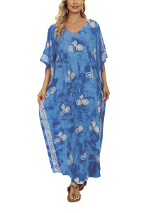Blue Hand Blocked Batik Rayon Caftan Kaftan Loungewear Maxi Plus Size Long Dress XL 1X 2XS10014931_0_image_IJUST_WORKING