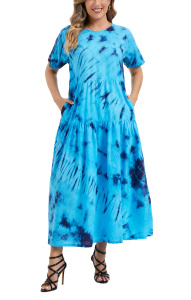 Blue Hippie Tie Dye Maxi Long Batik Cotton Short Sleeve Pocket Sun Dress Size 3XS10014950_0_image_IJUST_WORKING