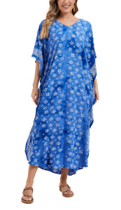 Blue Hand Blocked Batik Rayon Caftan Kaftan Loungewear Maxi Plus Size Long Dress 3X 4XS10014955_0_image_IJUST_WORKING