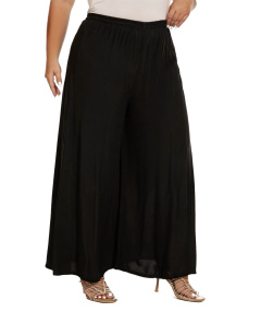 Black Solid Rayon Women Flowy Loose Palazzo Wide Leg Flare Pants Trouser Plus Size 3X 24S20006314_0_image_IJUST_WORKING