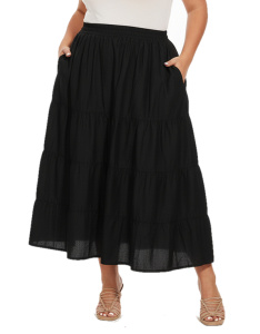 Black Cotton Plus Size Gypsy High Elastic Waisted A Line Long Maxi Tiered Skirt with Pockets 1X 2XS30014120_0_image_IJUST_WORKING