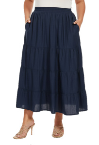 Navy blue Cotton Plus Size Gypsy High Elastic Waisted A Line Long Maxi Tiered Skirt with Pockets 1X 2XS30014126_0_image_IJUST_WORKING