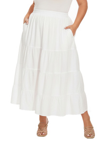 White Cotton Plus Size Gypsy High Elastic Waisted A Line Long Maxi Tiered Skirt with Pockets XLS30014129_0_image_IJUST_WORKING
