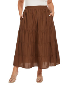 Brown Cotton Plus Size Gypsy High Elastic Waisted A Line Long Maxi Tiered Skirt with Pockets XLS30014130_0_image_IJUST_WORKING