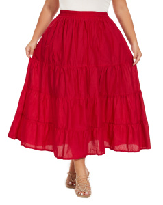 Red Cotton Plus Size Gypsy High Elastic Waisted A Line Long Maxi Tiered Skirt with Pockets XLS30014134_0_image_IJUST_WORKING