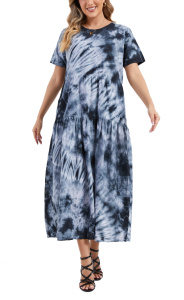 Grey Hippie Tie Dye Maxi Long Batik Cotton Short Sleeve Pocket Sun Dress Size 1X 2XS10014934_0_image_IJUST_WORKING