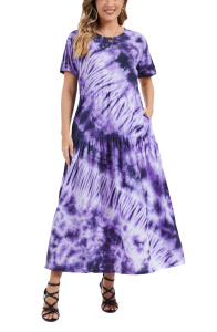 Purple Hippie Tie Dye Maxi Long Batik Cotton Short Sleeve Pocket Sun Dress Size 1X 2XS10014938_0_image_IJUST_WORKING