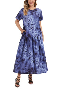Dark blue Hippie Tie Dye Maxi Long Batik Cotton Short Sleeve Pocket Sun Dress Size XLS10014942_0_image_IJUST_WORKING