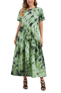 Green Hippie Tie Dye Maxi Long Batik Cotton Short Sleeve Pocket Sun Dress Size XLS10014944_0_image_IJUST_WORKING