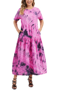 Fuchsia Hippie Tie Dye Maxi Long Batik Cotton Short Sleeve Pocket Sun Dress Size XLS10014947_0_image_IJUST_WORKING
