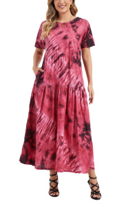 Red Hippie Tie Dye Maxi Long Batik Cotton Short Sleeve Pocket Sun Dress Size 3XS10014953_0_image_IJUST_WORKING