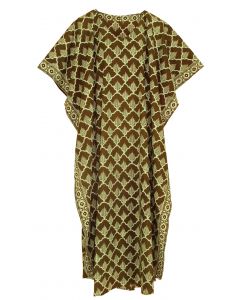 Brown Hand Blocked Batik Hippie Caftan Kaftan Loungewear Maxi Plus Size Long Dress XL to 4X