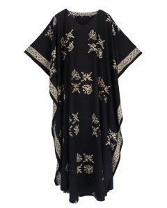 Black Hand Blocked Batik Rayon Caftan Kaftan Loungewear Maxi Plus Size Long Dress XL to 4X