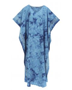 Blue Hand Blocked Batik Rayon Caftan Kaftan Loungewear Maxi Plus Size Long Dress 3X 4X