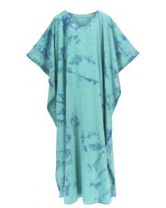 Turquoise Hand Blocked Batik Rayon Caftan Kaftan Loungewear Maxi Plus Size Long Dress 3X 4X