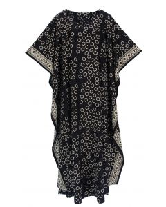 Black Hand Blocked Batik Rayon Caftan Kaftan Loungewear Maxi Plus Size Long Dress XL 1X 2X