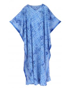 Blue Hand Blocked Batik Rayon Caftan Kaftan Loungewear Maxi Plus Size Long Dress 3X 4X