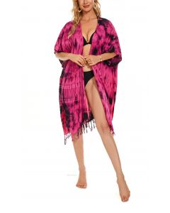 Fuchsia HIPPIE Gypsy Tie Dye Kimono Cardigan Shawl Wrap Swimsuit Cover Up Jacket One Size