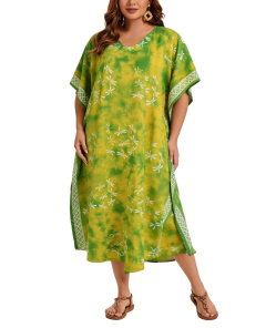Green Hand Blocked Batik Rayon Caftan Kaftan Loungewear Maxi Plus Size Long Dress 3X 4XS10014434-MU_0_image_IJUST_WORKING