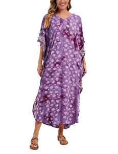 Mauve Hand Blocked Batik Rayon Caftan Kaftan Loungewear Maxi Plus Size Long Dress 3X 4XS10014439-MU_0_image_IJUST_WORKING