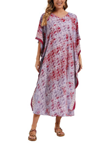 Red violet Hand Blocked Batik Rayon Caftan Kaftan Loungewear Maxi Plus Size Long Dress 3X 4XS10014485-MU_0_image_IJUST_WORKING