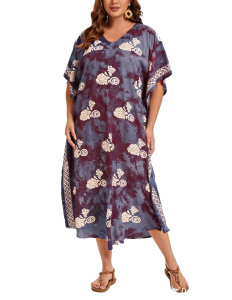 Red violet Hand Blocked Batik Rayon Caftan Kaftan Loungewear Maxi Plus Size Long Dress 3X 4XS10014487-MU_0_image_IJUST_WORKING