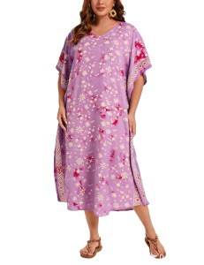 Purple Hand Blocked Batik Rayon Caftan Kaftan Loungewear Maxi Plus Size Long Dress 3X 4XS10014488-MU_0_image_IJUST_WORKING