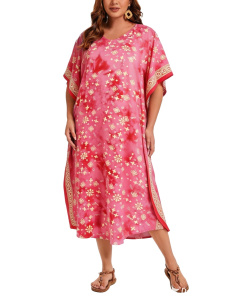 Fuchsia Hand Blocked Batik Rayon Caftan Kaftan Loungewear Maxi Plus Size Long Dress 3X 4XS10014489-MU_0_image_IJUST_WORKING