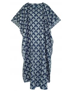 Dark blue Hand Blocked Batik Hippie Caftan Kaftan Loungewear Maxi Plus Size Long Dress 3X 4X