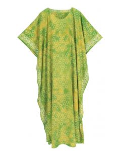 Green Hand Blocked Batik Rayon Caftan Kaftan Loungewear Maxi Plus Size Long Dress XL to 4X