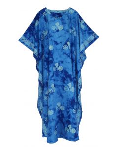 Blue Hand Blocked Batik Rayon Caftan Kaftan Loungewear Maxi Plus Size Long Dress XL 1X 2X