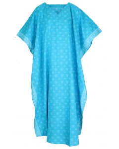 Turquoise Hand Blocked Batik Hippie Caftan Kaftan Loungewear Maxi Plus Size Long Dress 3X 4X