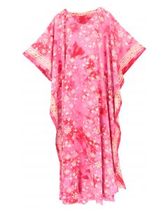 Fuchsia Hand Blocked Batik Rayon Caftan Kaftan Loungewear Maxi Plus Size Long Dress XL to 4X