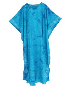 Blue Hand Blocked Batik Rayon Caftan Kaftan Loungewear Maxi Plus Size Long Dress XL to 4X