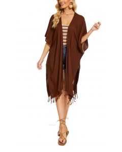 Brown Long Solid Kimono Cardigan Shawl Wrap Swimsuit Cover Up Jacket One Size