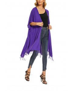 Purple Long Solid Kimono Cardigan Shawl Wrap Swimsuit Cover Up Jacket One Size